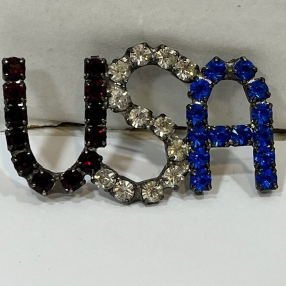 VTG USA Patriotic Brooch Red Clear Blue Prong Set Rhinestones Hat Vest Pin 2"x1" - Picture 4 of 11